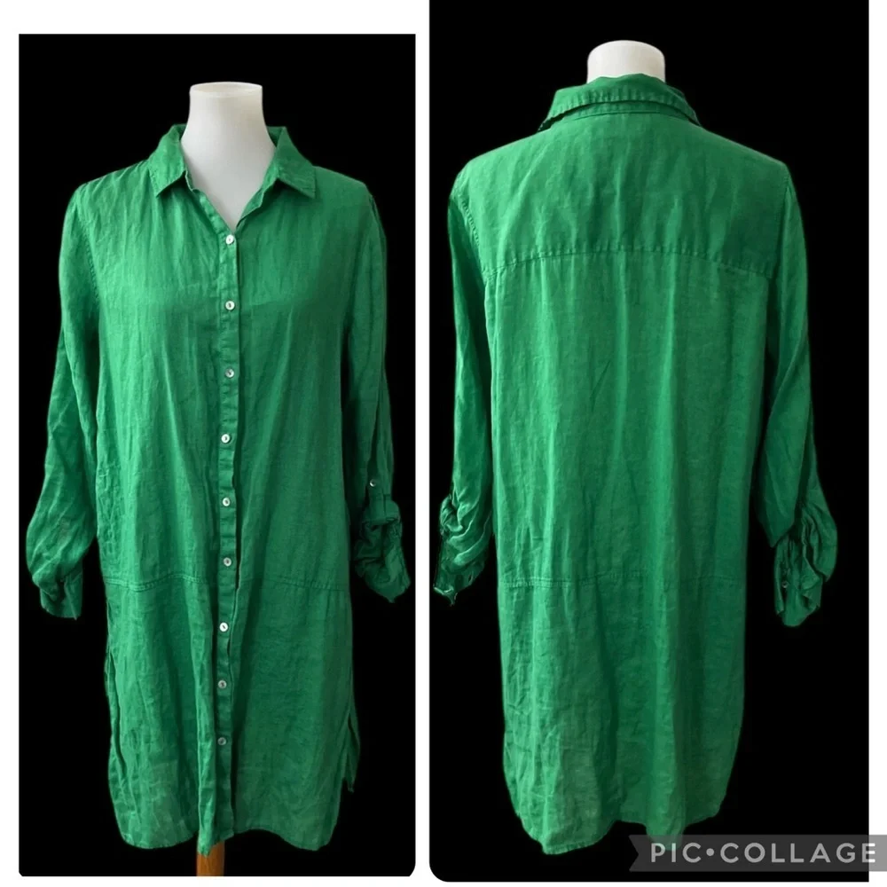 Tahari Linen Shirt Dress Green Chic Boho Coastal Vacation Festival Preppy - Picture 2 of 6